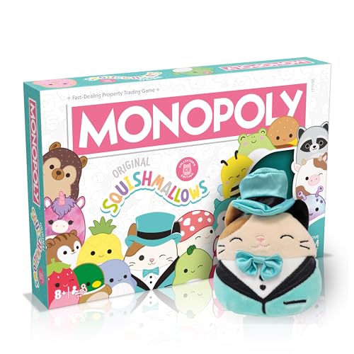 Winning Moves Squishmallows Monopoly Board Game Collectors Edition, Play with Fifi the Fox, Rosie the pig and Brock Bulldog, exclusive 4 Inch Cam the Cat plush, gift for ages 8 plus (WM04179-EN1-6)