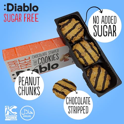 Diablo Sugar Free Cookies – Chocolate Striped Peanut Cookies Biscuits for All, Low Sugar Snacks, Sweetened with Maltitol, Ideal for Gifting, Festive Hampers, Holiday Events & Birthday – 150g Pack of 4