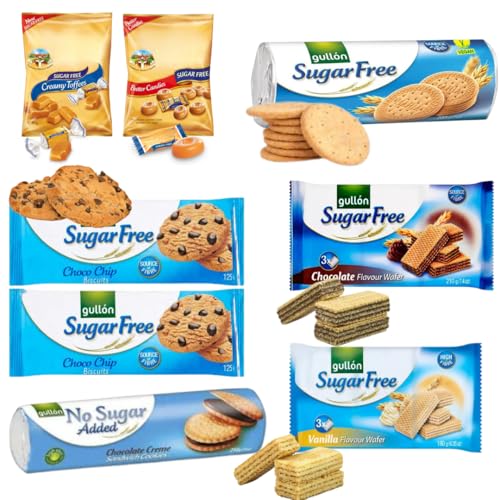 Sugar Free Gullon Biscuits Mixed Variety Selection Diabectic friendly Pack (6 Pack) Choco Chip, Maria, Chocolate & Vanilla Wafer And Butter Candies & Creamy Toffies
