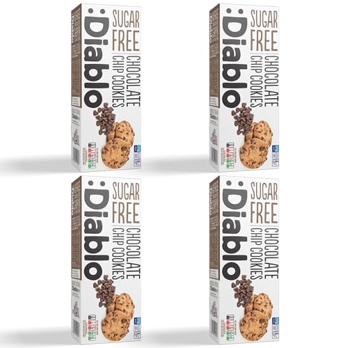 Diablo Sugar Free Chocolate Chip Cookies – Low Sugar Snacks Made with Maltitol, Crunchy Chocolate Flavor Treats for Everyday Snacking, Guilt Free Biscuit Alternative, 130g Pack of 4