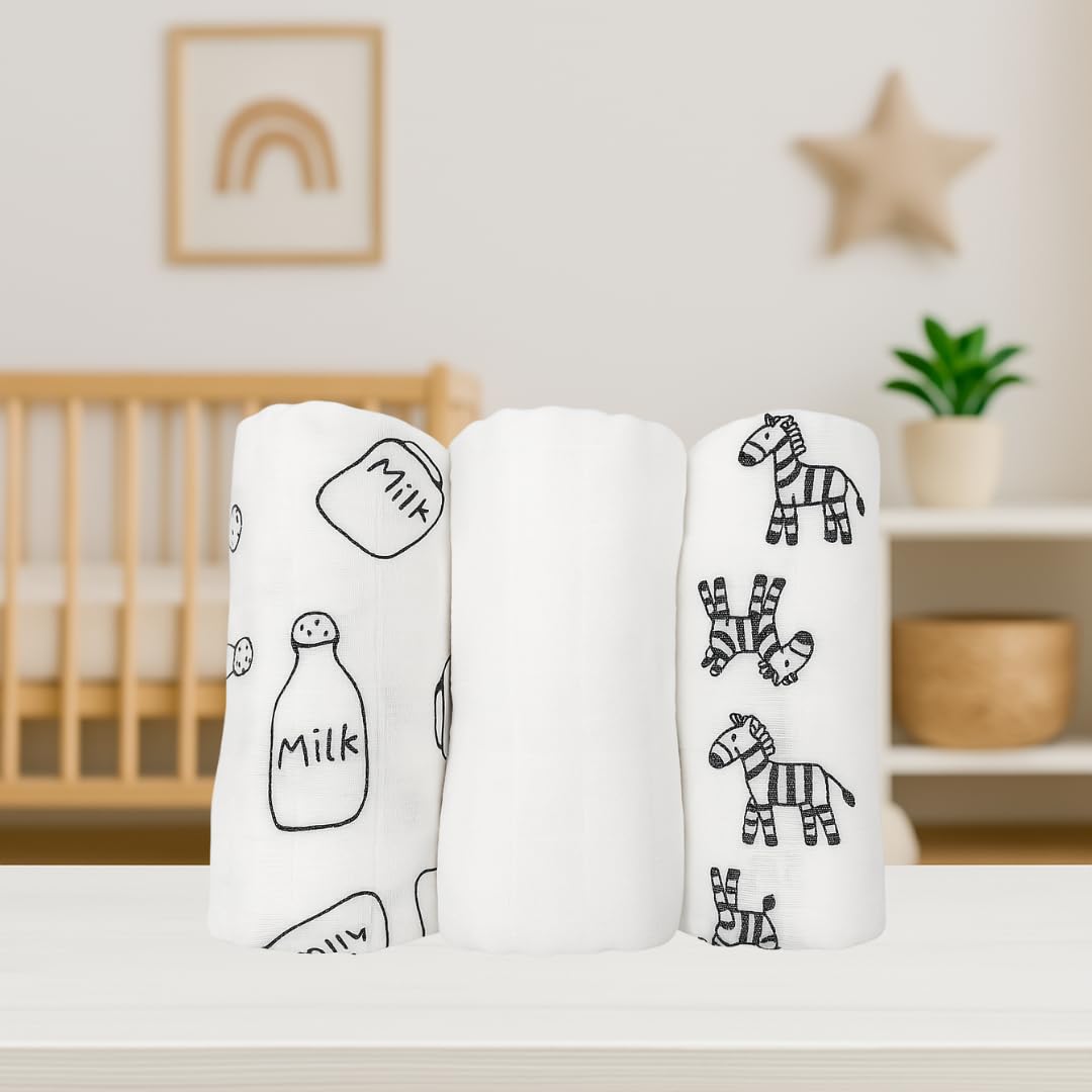 Alimos Organic Bamboo and Cotton Muslin Cloths - Soft and Gentle Baby Swaddle Blankets - Multi-Purpose Burp Cloths and Nursing Covers (120_x_120_cm, Black & White)
