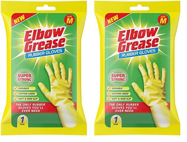 Elbow Grease Rubber Gloves Cotton Lined Extra Strong Non-Slip Size Medium,Yellow, 7.0 gram (Pack of 2)