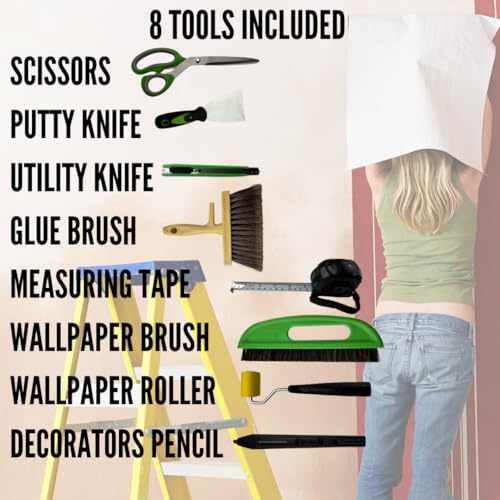 Tsekouri Wallpaper Paste Kit - Set Includes 8 Piece Wallpaper Kit Containing Wallpaper Paste Brush and Smoother, Wallpaper Seam Roller, Wall Paper Scraper Tool & Measuring Tape