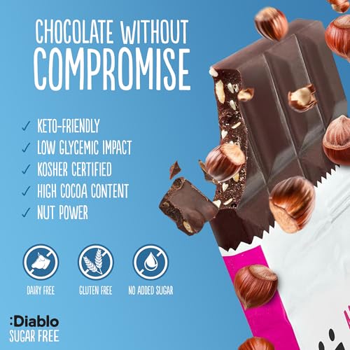 Diablo Dark Chocolate with Hazelnuts, No Added Sugar Dark Chocolate Bar - Maltitol Sweetened, Gluten-Free Snack for All - Celebrate Any Occasion, Birthdays, Valentines, Anniversary - 85g, 3 Packs