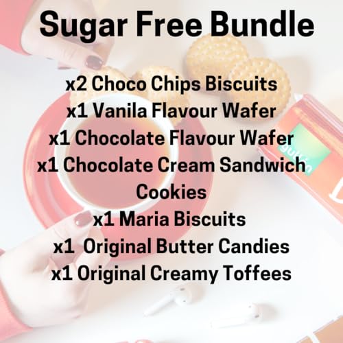Sugar Free Gullon Biscuits Mixed Variety Selection Diabectic friendly Pack (6 Pack) Choco Chip, Maria, Chocolate & Vanilla Wafer And Butter Candies & Creamy Toffies