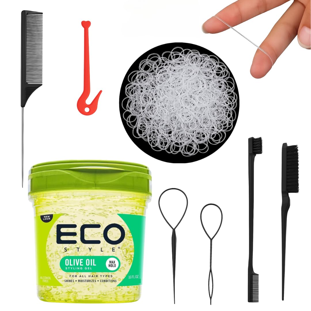 Strong Hold Olive Oil Hair Gel & Slick Back Brush Set with 1000 Clear Hair Elastics & Elastic Remover – Moisturising Curl Gel for Natural, Sleek & Wet Look Styles – Flake-Free for Women, Men & Kids