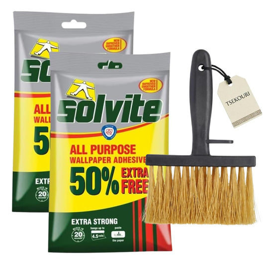 Tsekouri Wallpaper Hanging Kit: 2x Solvite All Purpose Wallpaper Adhesive 3 Roll + 50% Free and 5 Inch Wallpaper Brush, Complete Decorating Bundle