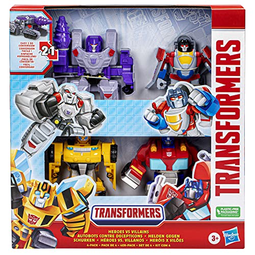 Transformers Toys Heroes vs Villains 4-Pack, Autobot and Decepticon 11-cm Action Figures, Preschool Robot Toys for Children Aged 3 and Up