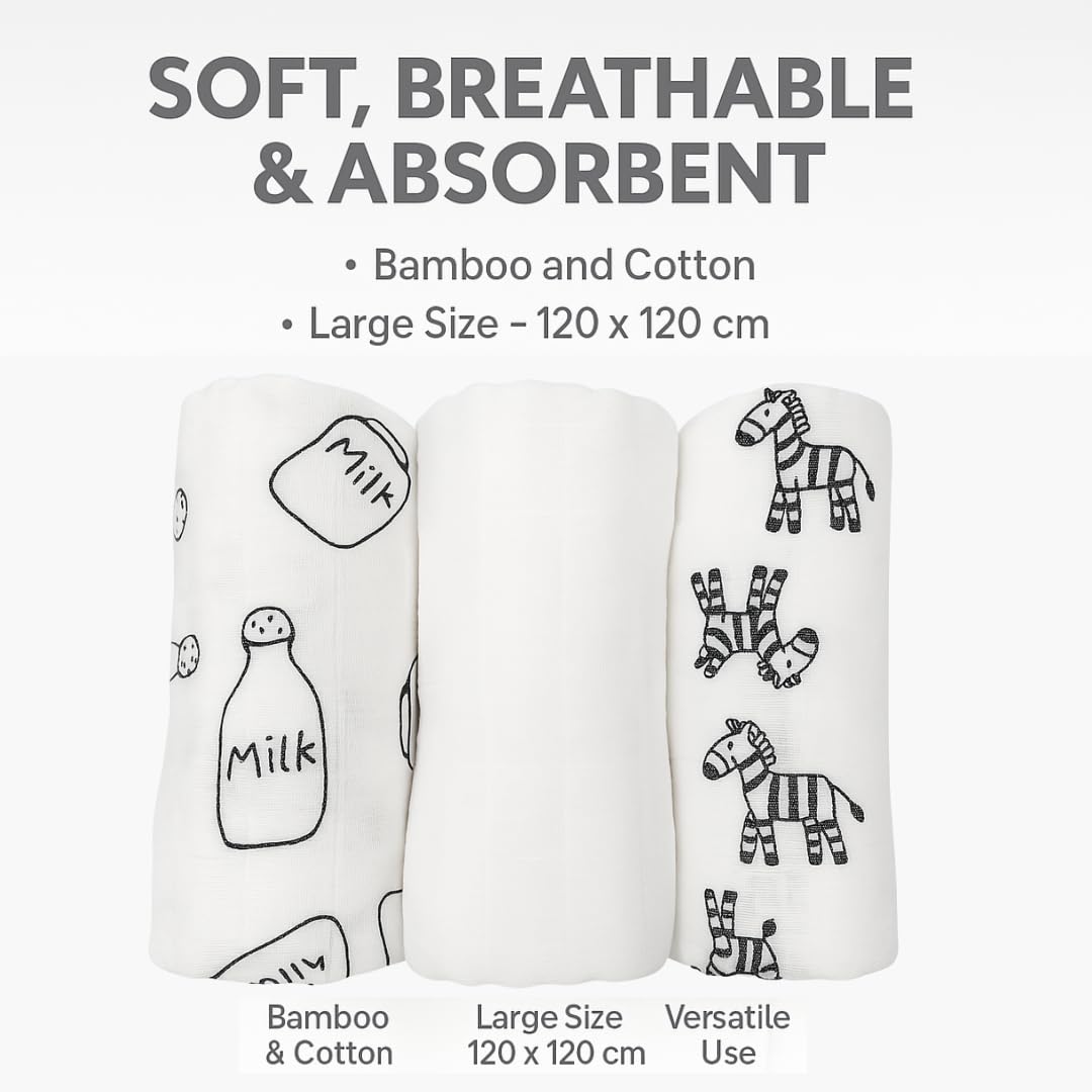 Alimos Organic Bamboo and Cotton Muslin Cloths - Soft and Gentle Baby Swaddle Blankets - Multi-Purpose Burp Cloths and Nursing Covers (120_x_120_cm, Black & White)