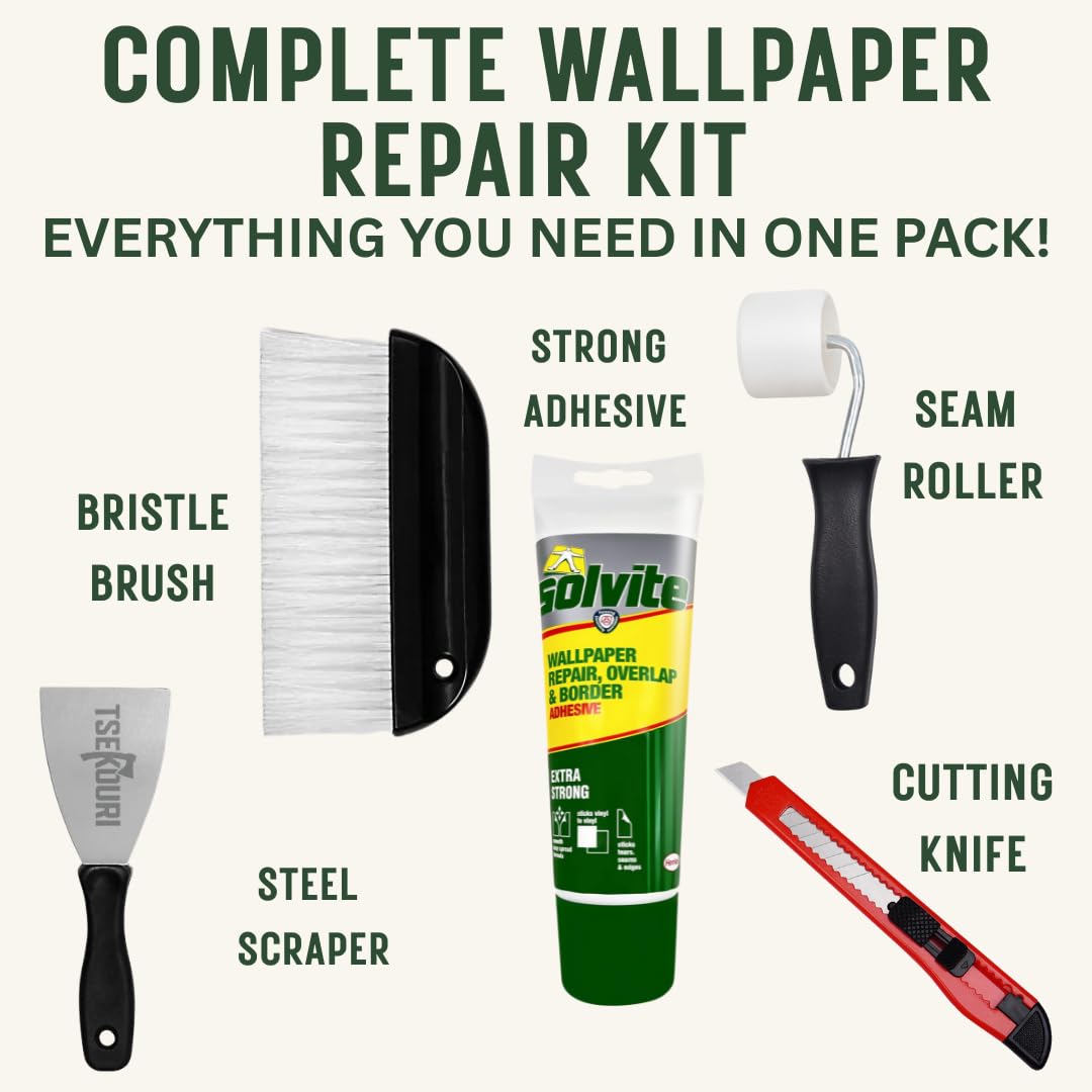 Solvite Wallpaper Repair Kit: Overlap & Border Adhesive (240g) with Tsekouri Roller & Bristle Brush for Seamless Wall Covering, Easy DIY Glue & Tools