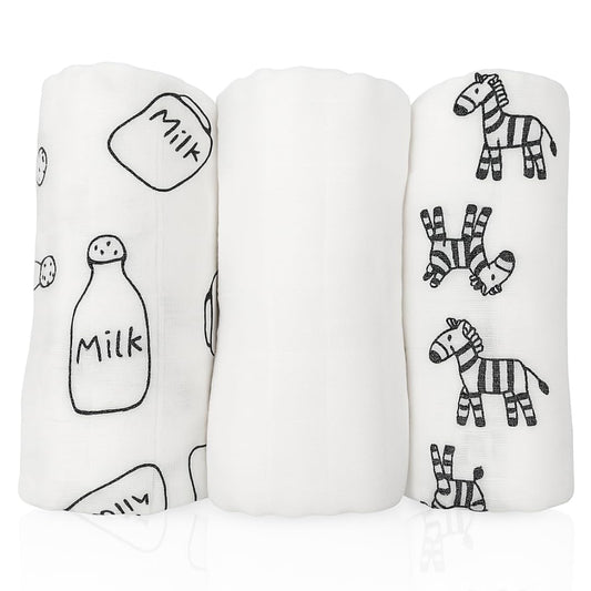 Alimos Organic Bamboo and Cotton Muslin Cloths - Soft and Gentle Baby Swaddle Blankets - Multi-Purpose Burp Cloths and Nursing Covers (120_x_120_cm, Black & White)