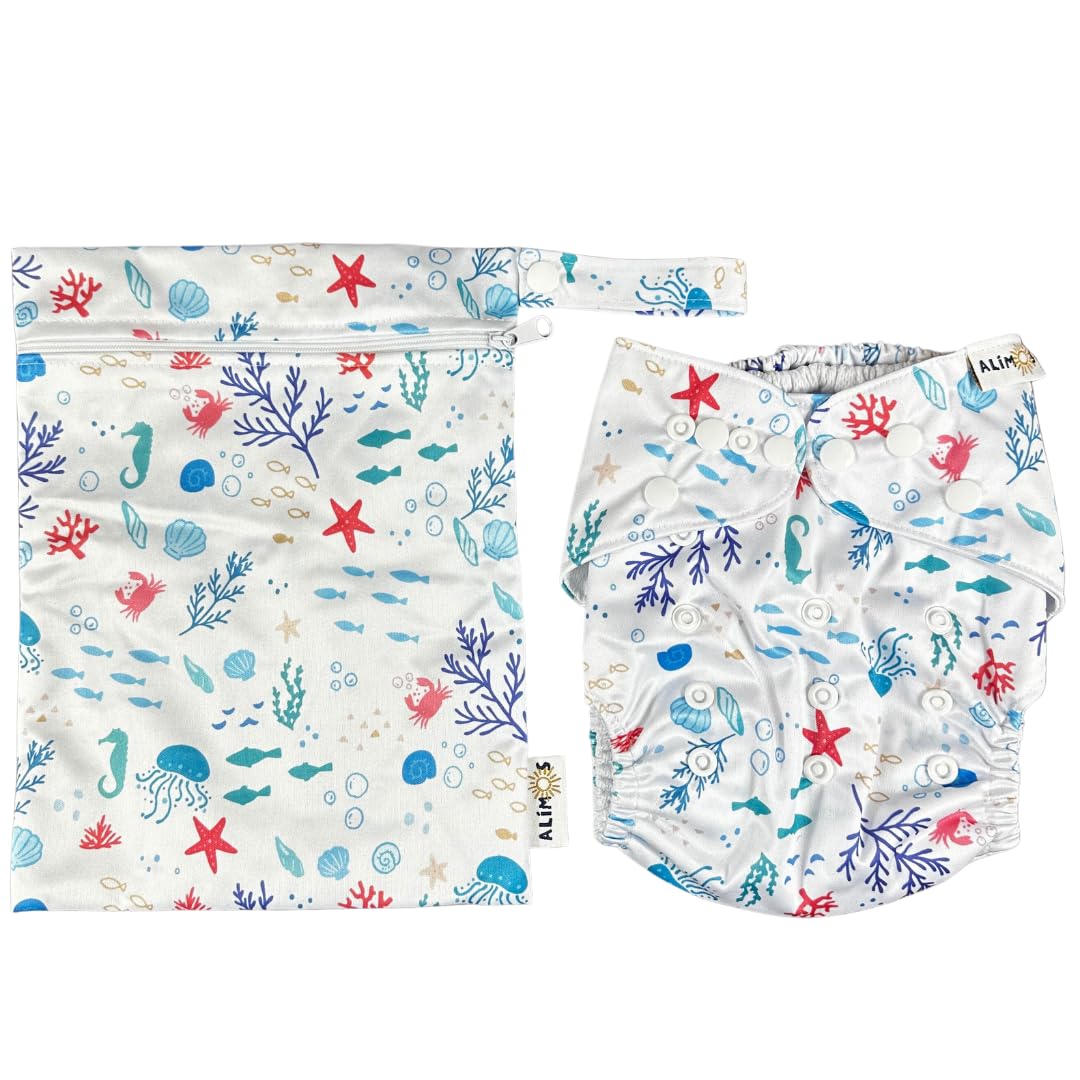 Alimos Swim Nappy and Waterproof Bag Washable Reusable for Happy Baby (0-3 Years) UK Brand (Sea)