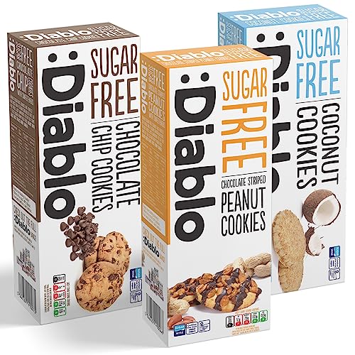 Diablo Sugar-Free Cookies – Mixed Flavours No Sugar Cookies Luxury Biscuits, Healthy Crunchy Snacks Gift Box for Adults, Kids and Families – Coconut, Peanuts, Chocolate Chip, Pack of 3