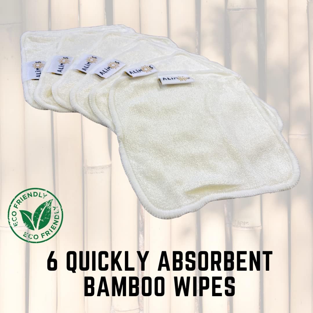 Alimos Bamboo Baby Wipes Reusable Washable Pack of 6 - Size: 15 * 15cm Perfect for Baby's Hands and Face, Absorbent Super Soft & Naturally Anti-Bacterial 6pcs