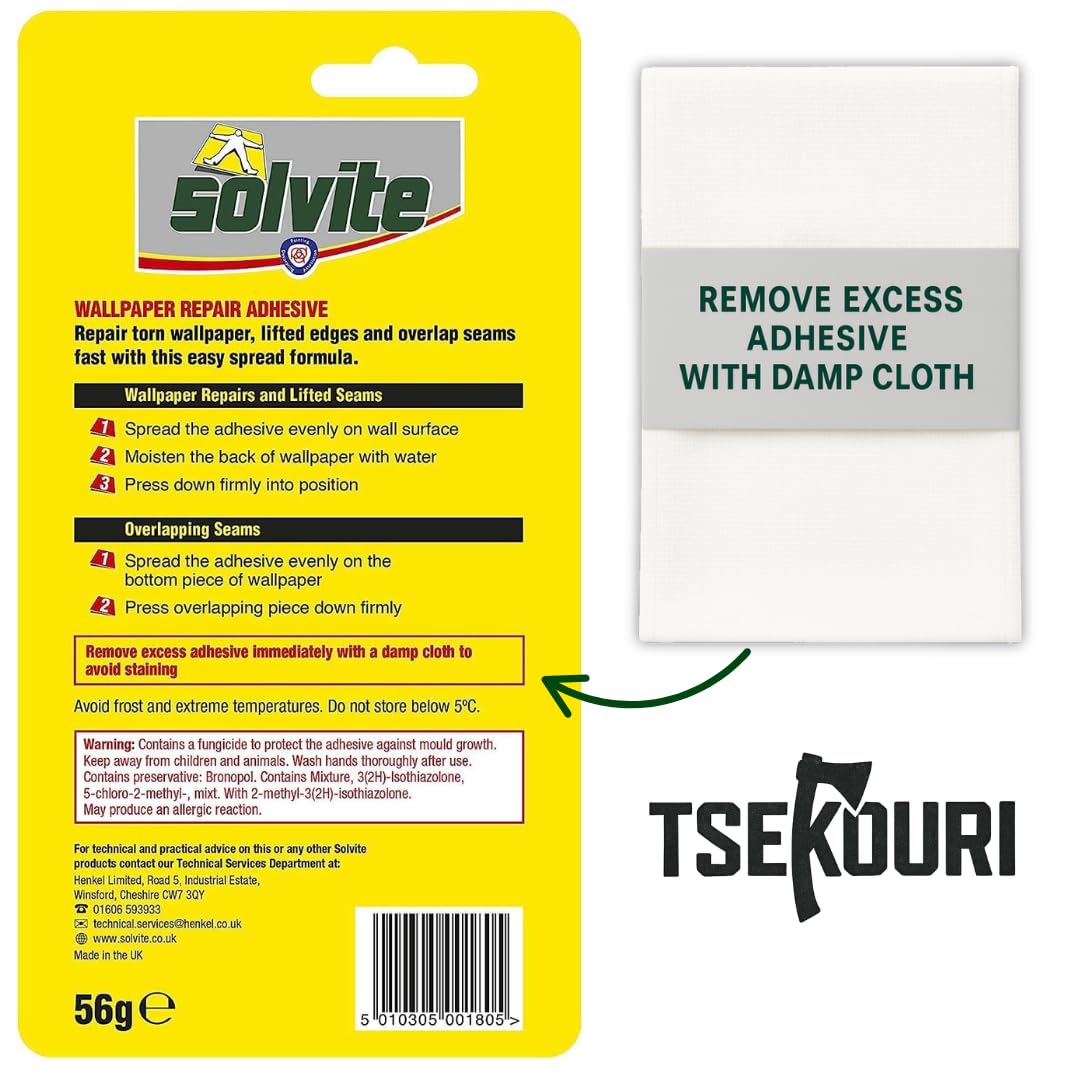 Solvite Wallpaper Repair Adhesive Tube (56g) with Foam Seam Roller, Smoother Tool With 0.9cm Brush & Cleaning Cloth – Complete Wallpaper Repair Set by Tsekouri