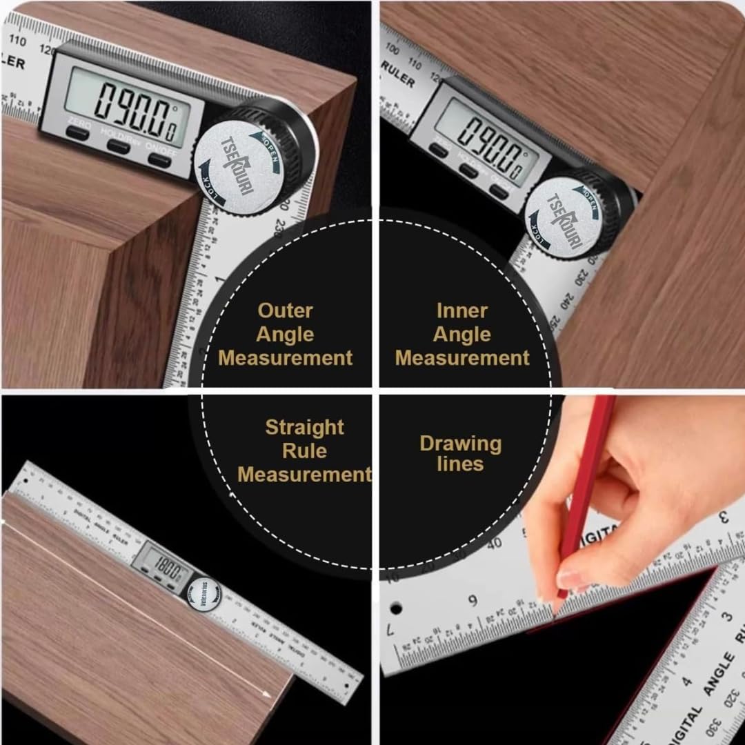 Tsekouri Digital Angle Finder Ruler 7 Inch/200mm Stainless Steel, LCD Angle Measurement Tool, Metal Protractor & Digital Angle Gauge with Carpenter Pencil & 6 Refill Tips, Internal & External Corners