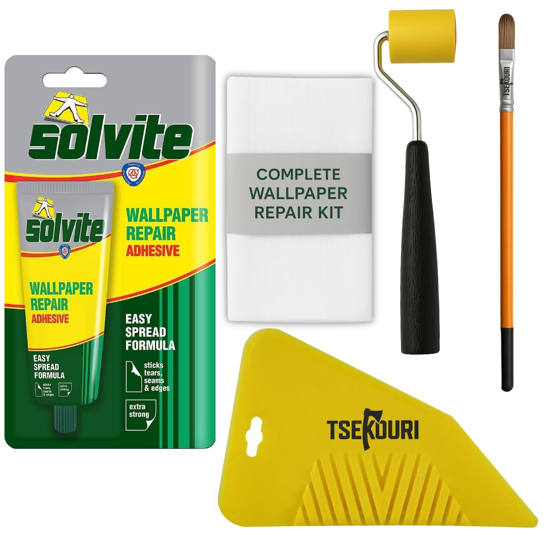 Solvite Wallpaper Repair Adhesive Tube (56g) with Foam Seam Roller, Smoother Tool With 0.9cm Brush & Cleaning Cloth – Complete Wallpaper Repair Set by Tsekouri
