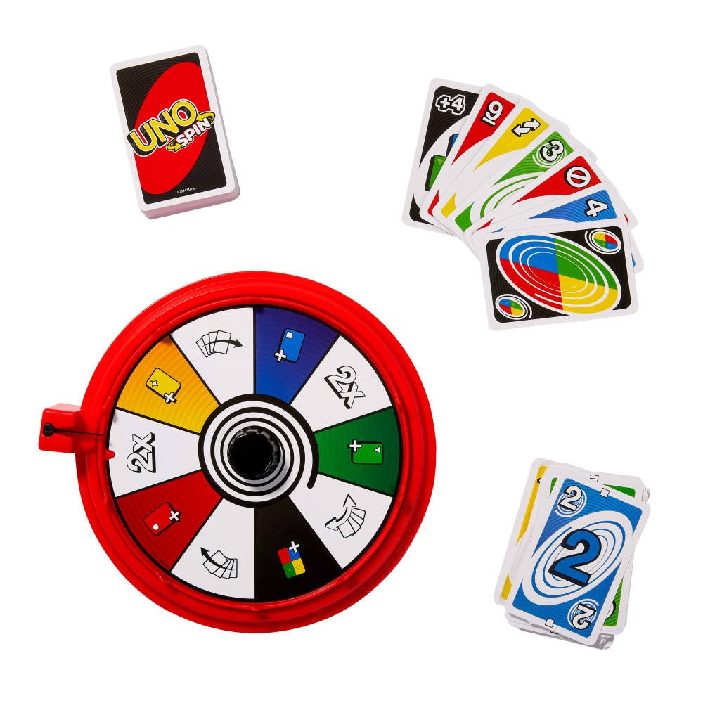 Mattel Games UNO Spin Card Game for Kid, Adult & Family Nights, Classic Play with Toy Spinner, New Challenges & Rules, Rainy Day Activity, JGR00
