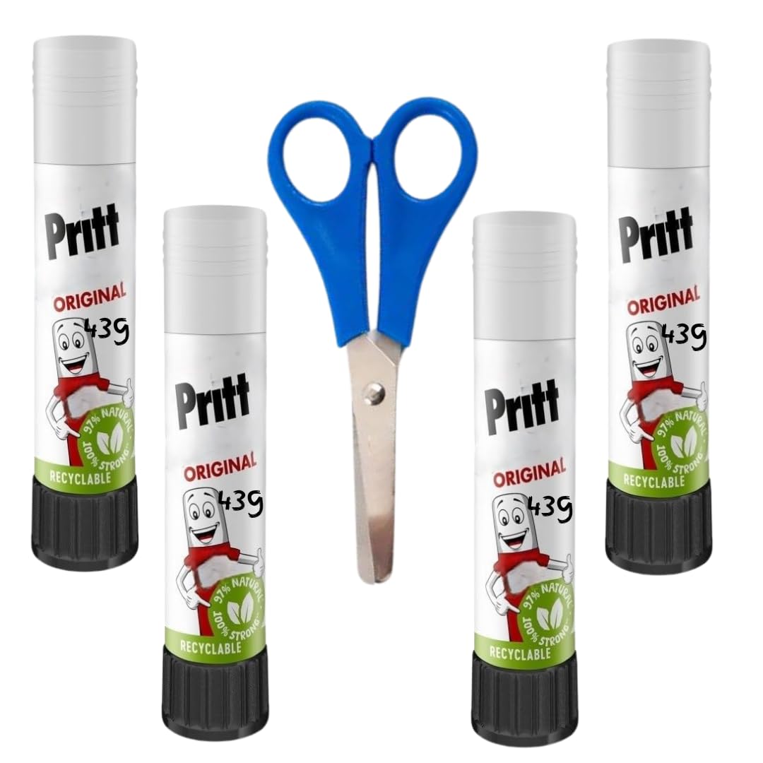 Pritts Original Glue Sticks 43 G | Pack Of 4 | Safe & Child-Friendly Craft Glue for Arts & Crafts Activities | 90% Natural Strong-Hold adhesive for School & Office Supplies Plus Scissors