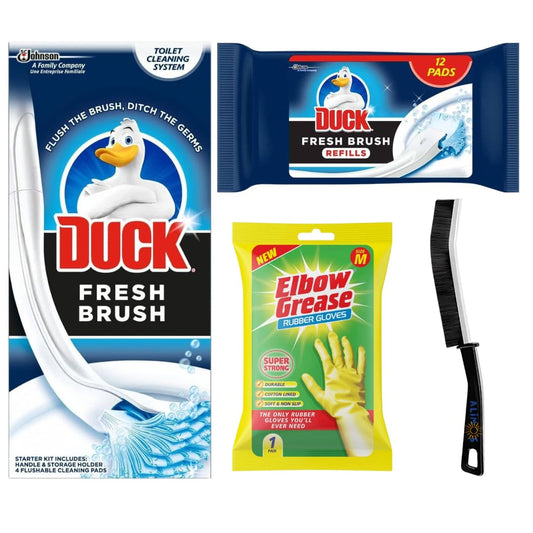 Toilet Duck & Duck Fresh Discs Cleaning Bundle – Toilet Duck Fresh Brush with Holder, Starter Kit, Extra Refill Pack (12 Pads) And Medium Ruber Gloves