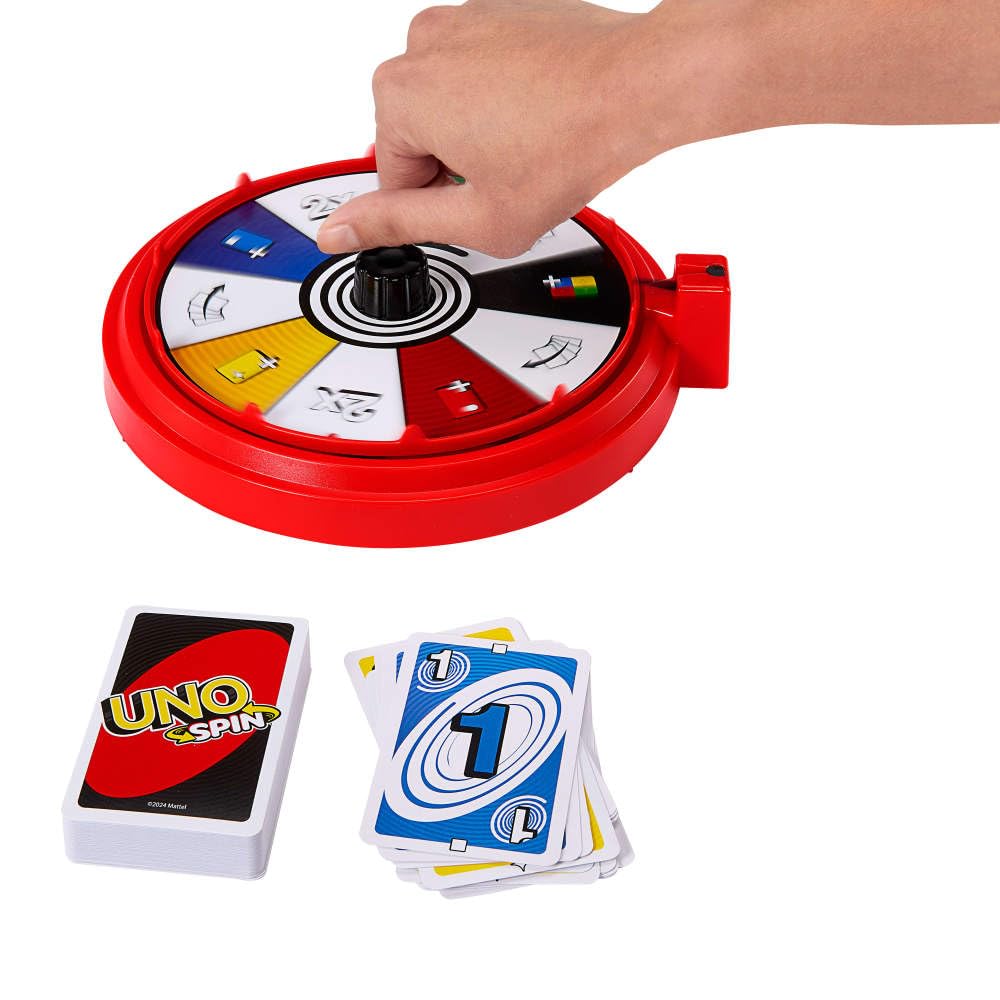 Mattel Games UNO Spin Card Game for Kid, Adult & Family Nights, Classic Play with Toy Spinner, New Challenges & Rules, Rainy Day Activity, JGR00
