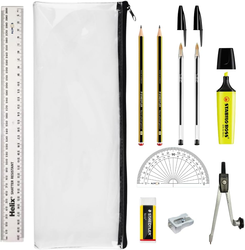 Alimos GCSE Complete Exam Stationery Bundle Set Bundled With Bic Pens, Geometry Set & Clear Exam Pencil Case