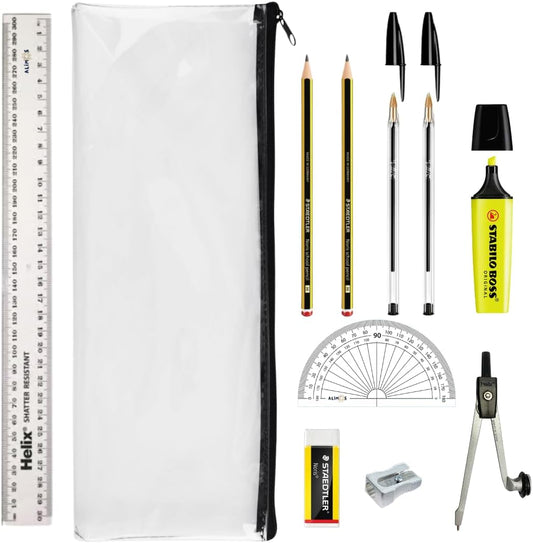 Alimos GCSE Complete Exam Stationery Bundle Set Bundled With Bic Pens, Geometry Set & Clear Exam Pencil Case