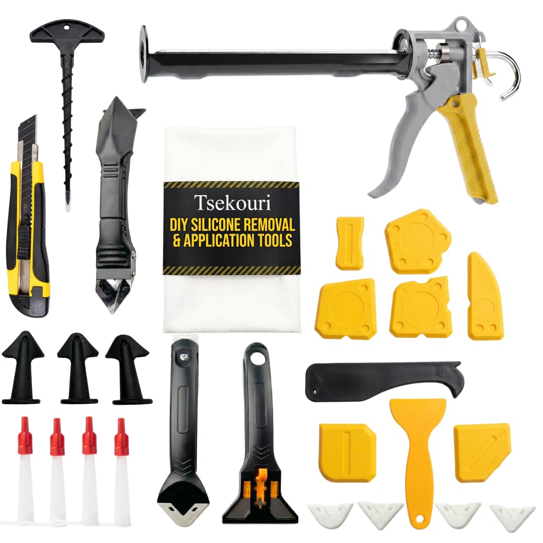 Tsekouri 25-Piece Professional Caulking Gun Kit | Complete Sealant Tool Set with Silicone Gun, Finishing Tools, Removal Set & Accessories | Bathroom, Shower, Kitchen, Window & Floor Sealing