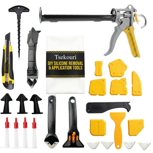 Tsekouri 25-Piece Professional Caulking Gun Kit | Complete Sealant Tool Set with Silicone Gun, Finishing Tools, Removal Set & Accessories | Bathroom, Shower, Kitchen, Window & Floor Sealing