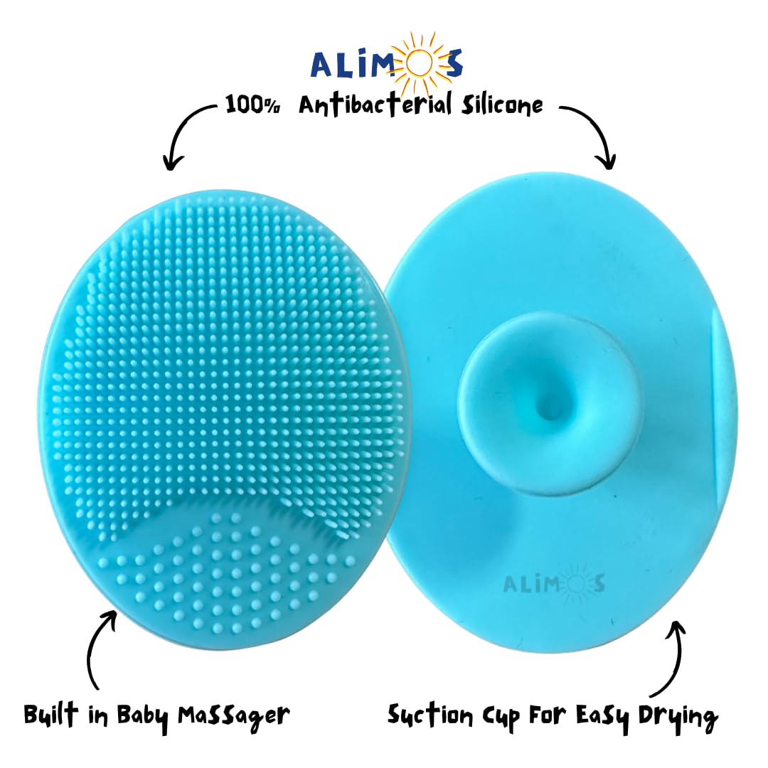 Alimos Baby Bath Silicone Brush & Fine Tooth Comb Bundled With Dentinox Cradle Cap Treatment Shampoo 125 milliliters, Bamboo Wash Cloths (3 Pack) and Bath Thermometer