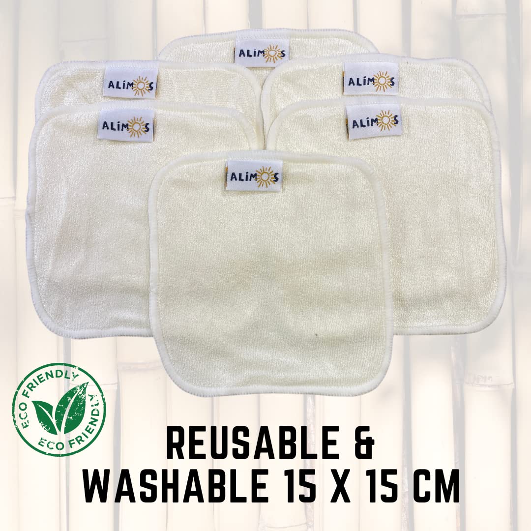 Alimos Bamboo Baby Wipes & Makeup Remover Reusable, Washable, Super Soft, Absorbent Pack of 6 Size Naturally Anti-Bacterial 15x15 cm