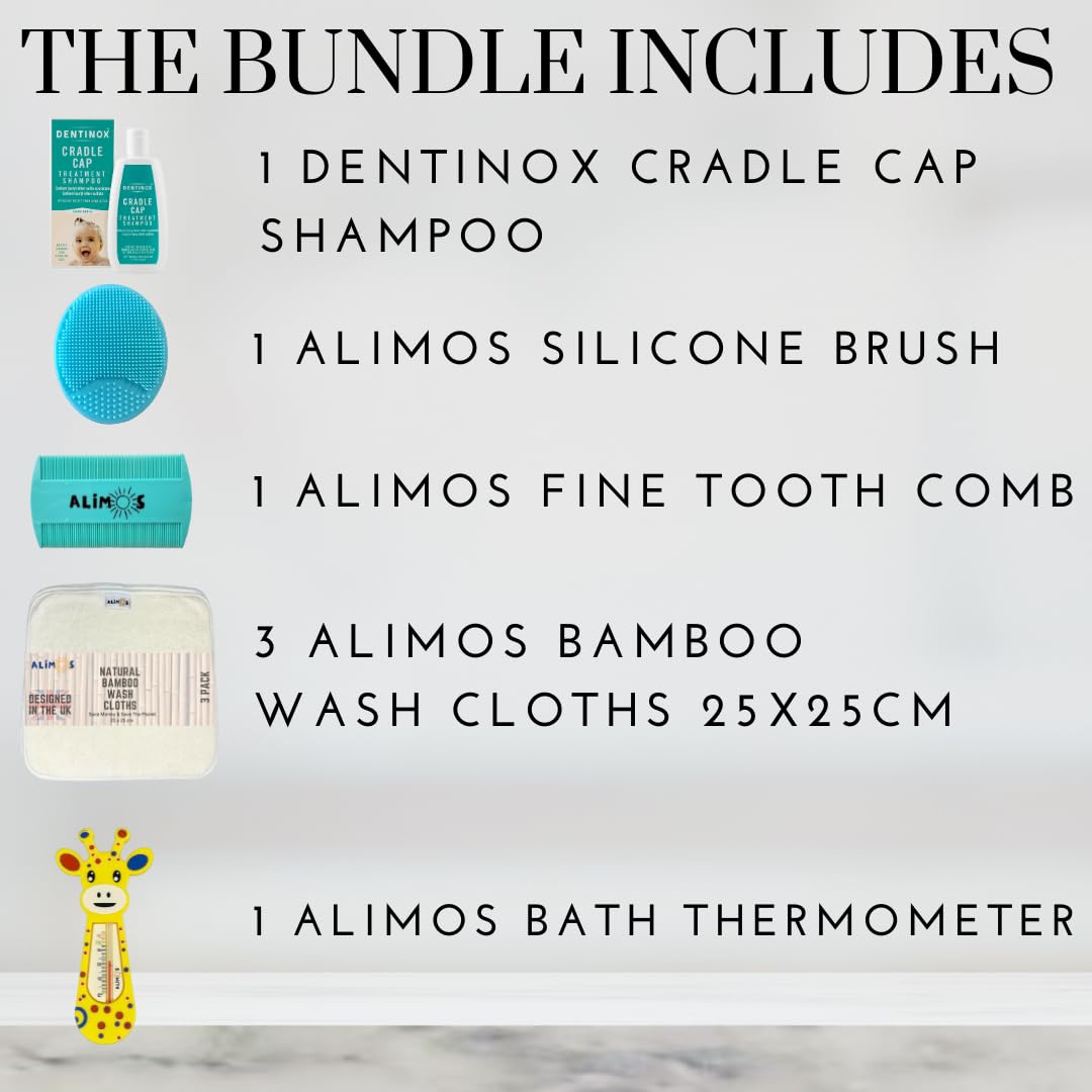 Alimos Baby Bath Silicone Brush & Fine Tooth Comb Bundled With Dentinox Cradle Cap Treatment Shampoo 125 milliliters, Bamboo Wash Cloths (3 Pack) and Bath Thermometer