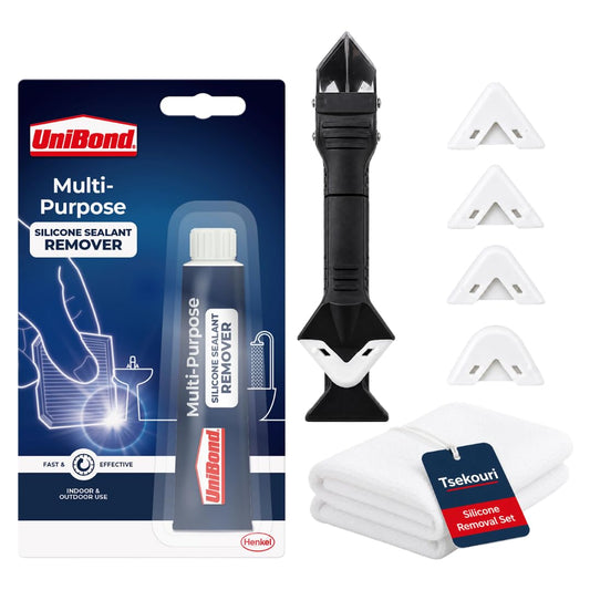 UniBond Silicone Sealant Remover 80ml Kit – Heavy-Duty Gel Tube with Silicone Removal Tool & White Cloth – Removes Old Sealant from Baths, Tiles, Kitchens, Sinks & Toilets (3-Piece Bundle)