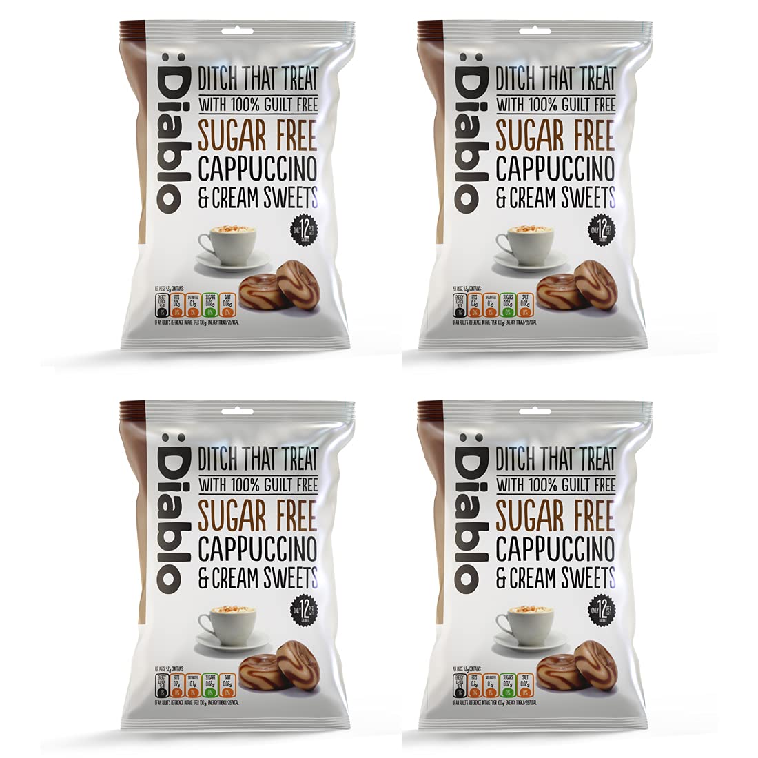 Diablo Sugar-Free Candy Cappuccino and Cream Sweets, Healthy Sweets Sweetened with Maltitol, Sugar-Free Treats for All Occasions, Ideal for Gift Boxes, Mother’s Day & Father’s Day – 75g, Pack of 4