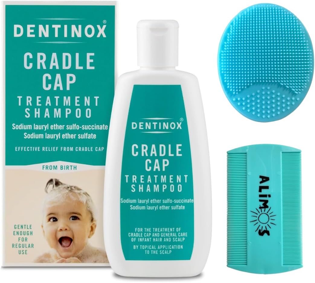 Dentinox Cradle Cap Treatment Shampoo for Babies, 125 milliliters Bundled With Alimos Baby Bath Silicone Brush & Fine Tooth Comb