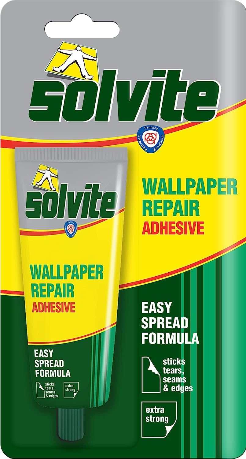 Solvite Wallpaper Repair Adhesive, Wallpaper Paste for Fixing Tears, Seams & Edges, Extra-Strong Glue for Seam Repair, Easy-Spread, 1x56g