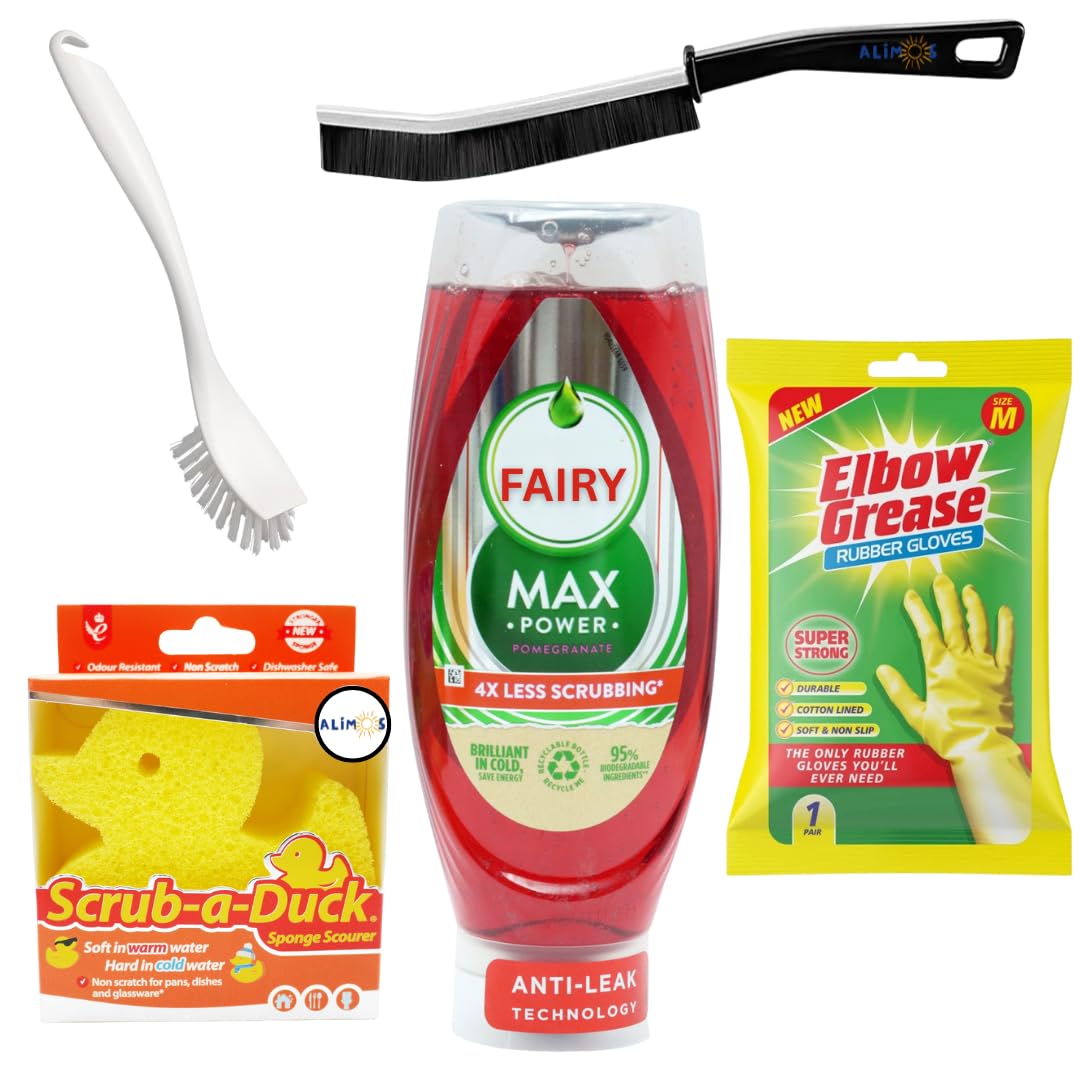 Fairy Max Power Washing Up Liquid Bundle with 2 Dish Brushes, Duck Sponge, Elbow Grease Rubber Gloves & Crevice Cleaning Brush – Complete Sink Cleaning Kit (Pomegranate)