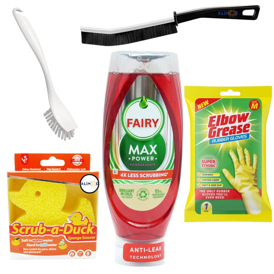 Fairy Max Power Washing Up Liquid Bundle with 2 Dish Brushes, Duck Sponge, Elbow Grease Rubber Gloves & Crevice Cleaning Brush – Complete Sink Cleaning Kit (Pomegranate)
