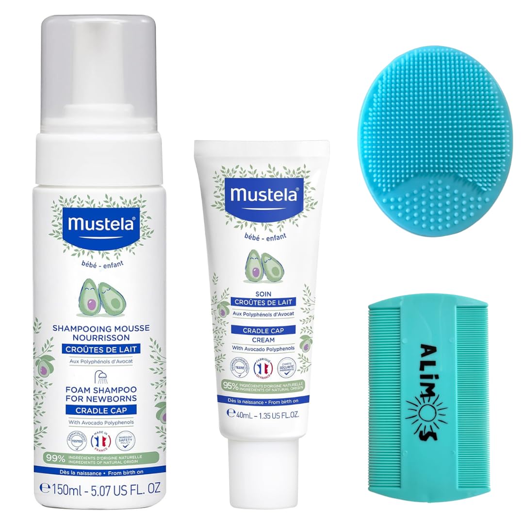 Mustela Cradle Cap Foam Shampoo For Newborns 150ml & Cradle Cap Cream 40 ml Bundled With Alimos Baby Bath Silicone Brush & Fine Tooth Comb