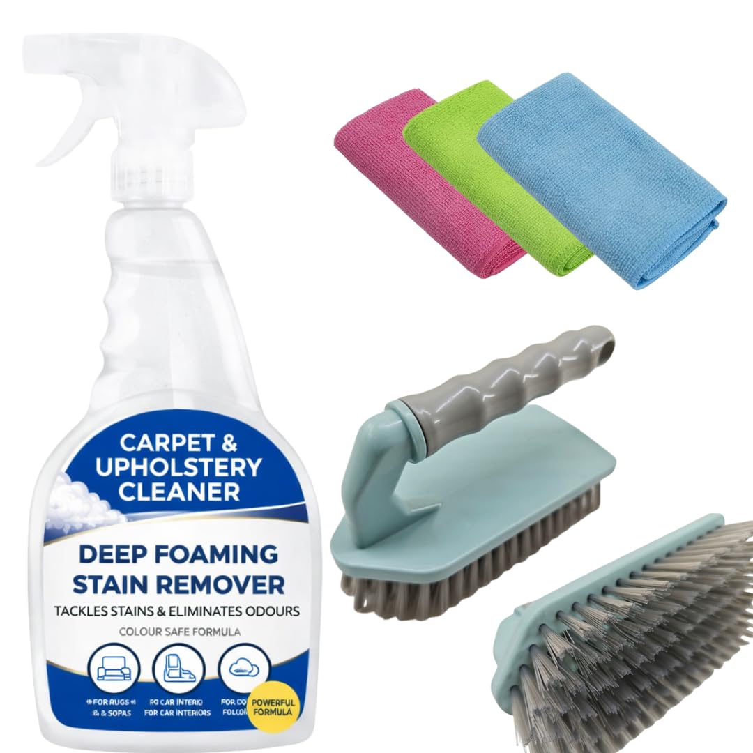 Carpet & Upholstery Cleaning Kit Carpet & Upholstery Cleaner Carpet Cleaning Brush & 3 Microfibre Cloths – For Rugs, Sofas & Car Interiors