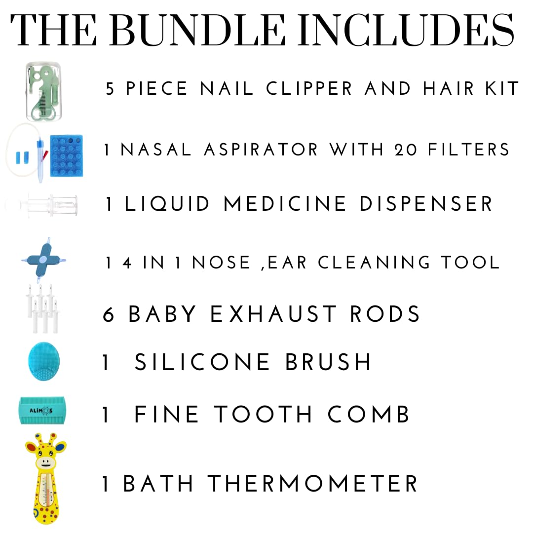 Alimos Newborn Baby Grooming & Healthcare Bundle with Nasal Aspirator & Hygiene Filters , Nose, Ear Picker,Nail Clippers,Cradle Cap Brush ,Gas and Colic Reliever ,Medicine Dispenser & Bath Thermometer