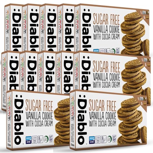 Diablo Sugar Free Sandwich Cookies – Vanilla Cookie with Cocoa Cream, Sugar Free Snacks, Maltitol-Sweetened for Everyday Enjoyment, Sweet Treats For All, 176g 12 Pack