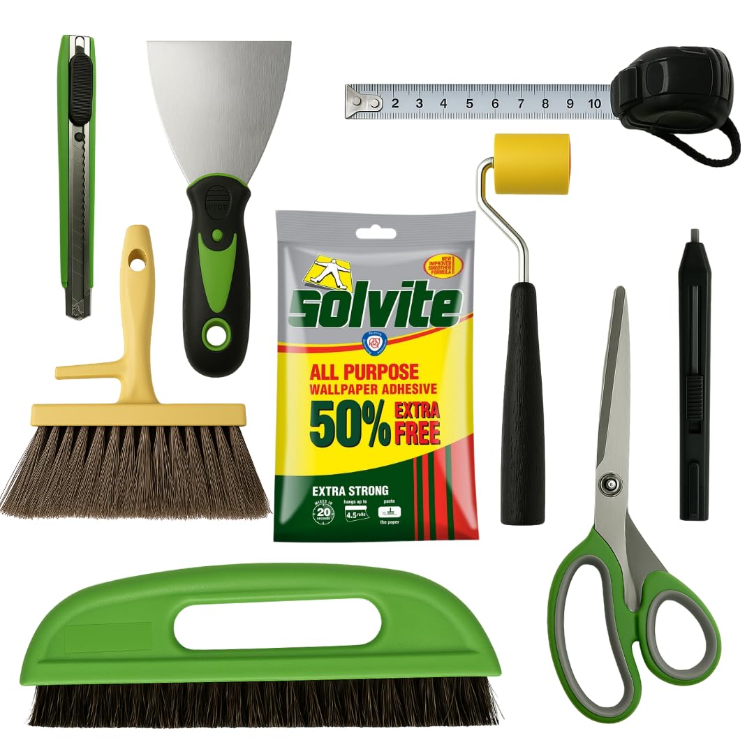 Tsekouri Wallpaper Paste Kit Set Includes 8 Piece Hanging Kit to Work with Solvite All Purpose Paste 4.5 Rolls with Paste Brush,Smoother,Seam Roller, Wall Paper Scraper Tool