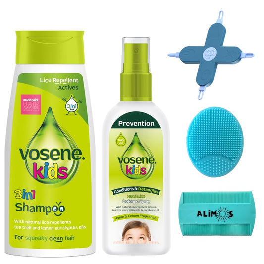 Vosene Kids Lice Repellent 3in1 Shampoo 250ml & Conditioning Defence 150ml Bundled With Alimos Massage Brush, Nit Comb and 4-in-1 Cleaning Tool