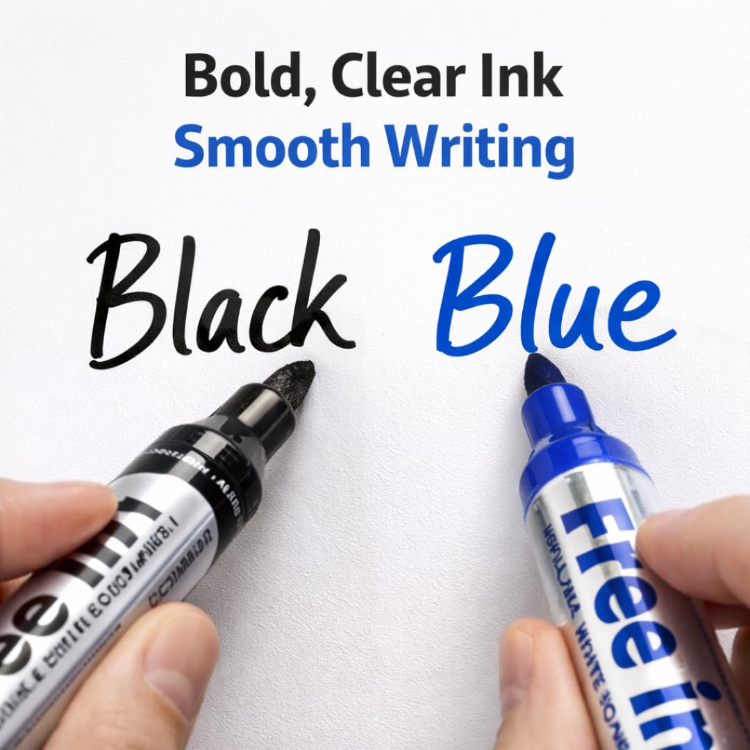 Alimos Whiteboard Marker Set, 20 Pens, 3mm Round Tips, Refillable, High Performance Ink, Writes on Glass & Whiteboards (Black and Blue)