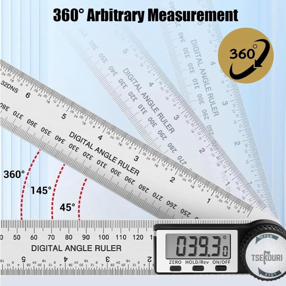 Tsekouri Digital Angle Finder Ruler 7 Inch/200mm Stainless Steel, LCD Angle Measurement Tool, Metal Protractor & Digital Angle Gauge with Carpenter Pencil & 6 Refill Tips, Internal & External Corners