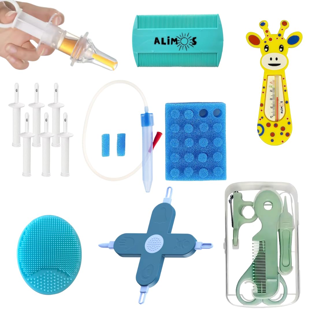 Alimos Newborn Baby Grooming & Healthcare Bundle with Nasal Aspirator & Hygiene Filters , Nose, Ear Picker,Nail Clippers,Cradle Cap Brush ,Gas and Colic Reliever ,Medicine Dispenser & Bath Thermometer