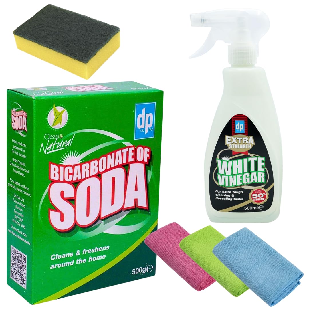 Bicarbonate of soda for Cleaning & White Vinegar for Cleaning (Baking Soda for cleaning),White Vinegar Spray Bundled with Alimos Microfibre Cloths and Sponge