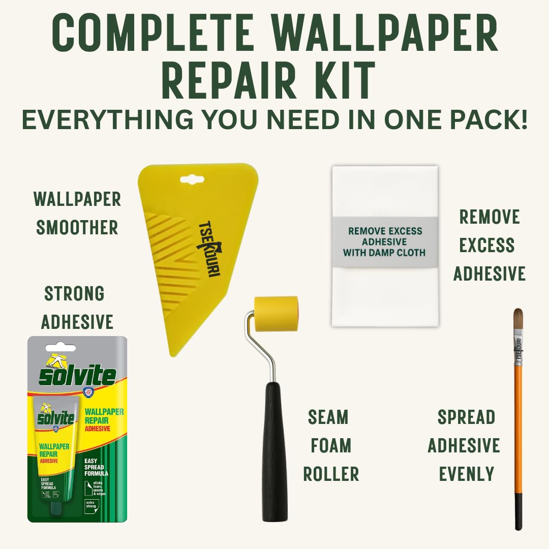 Solvite Wallpaper Repair Adhesive Tube (56g) with Foam Seam Roller, Smoother Tool With 0.9cm Brush & Cleaning Cloth – Complete Wallpaper Repair Set by Tsekouri