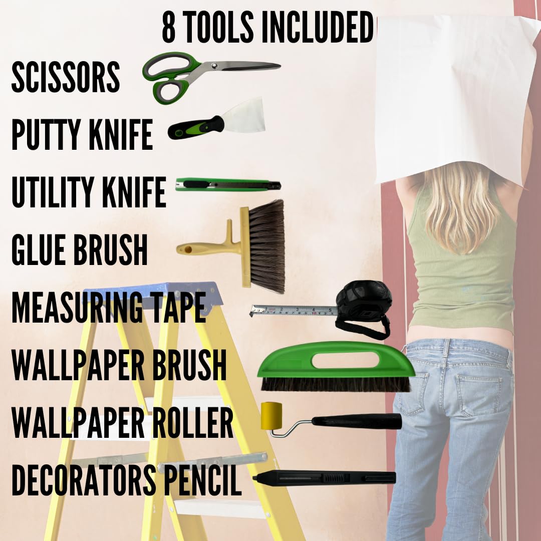 Tsekouri Wallpaper Paste Kit - Set Includes 8 Piece Wallpaper Kit Containing Wallpaper Paste Brush and Smoother, Wallpaper Seam Roller, Wall Paper Scraper Tool & Measuring Tape